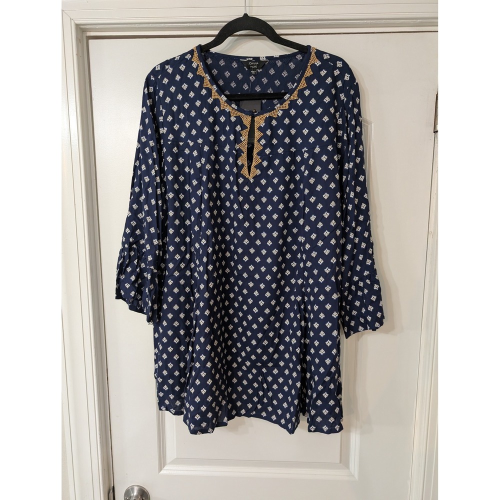 Joanna Hope Navy Blue Geometric Print Tunic Top Gold Crochet Trim US 18 NWT